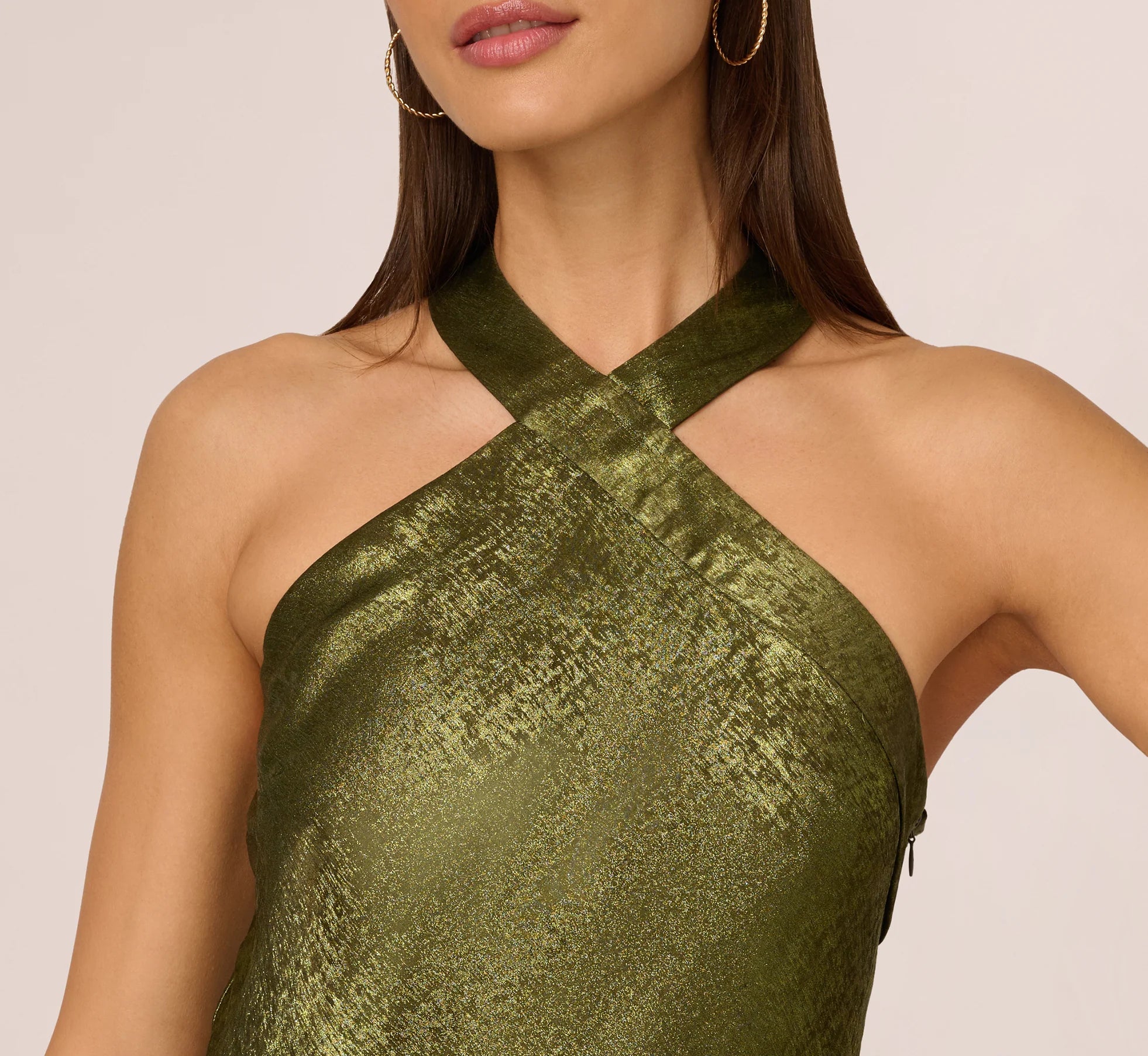 Foiled Mermaid Gown With Halter Neckline In Dark Olive