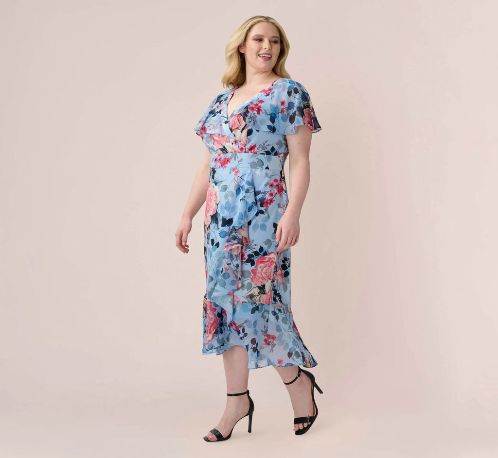Plus Size Floral Faux Wrap Dress In Blue Multi