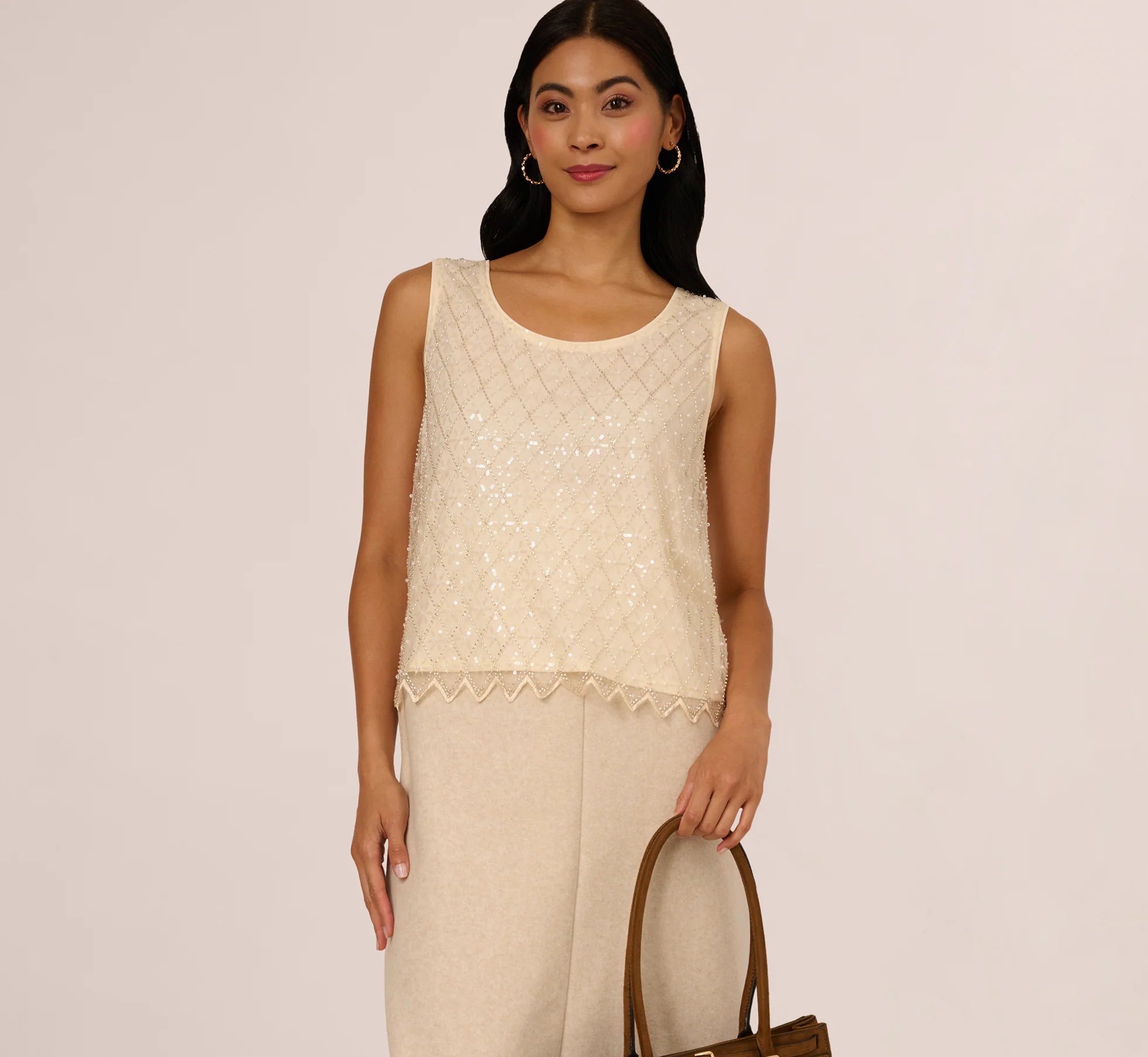 Sequin Beaded Tank Top In Almond Cream