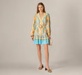 Bishop Sleeve Paisley Print Belted Short Dress In Peach Multi