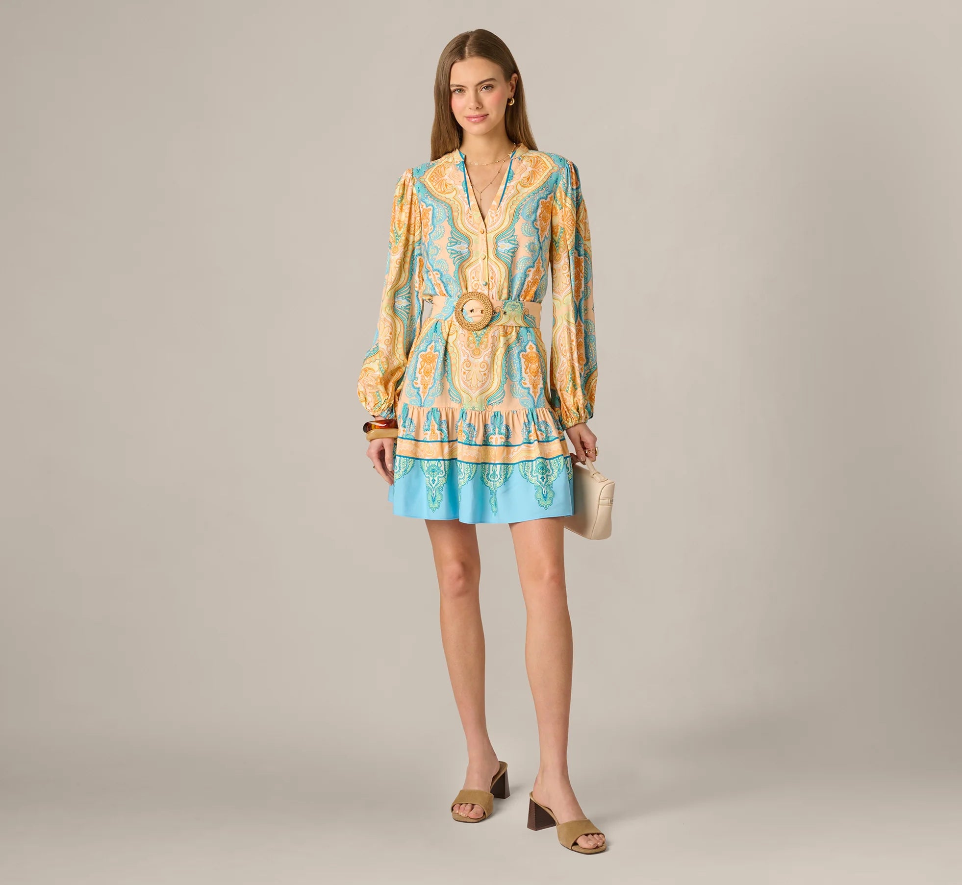 Bishop Sleeve Paisley Print Belted Short Dress In Peach Multi