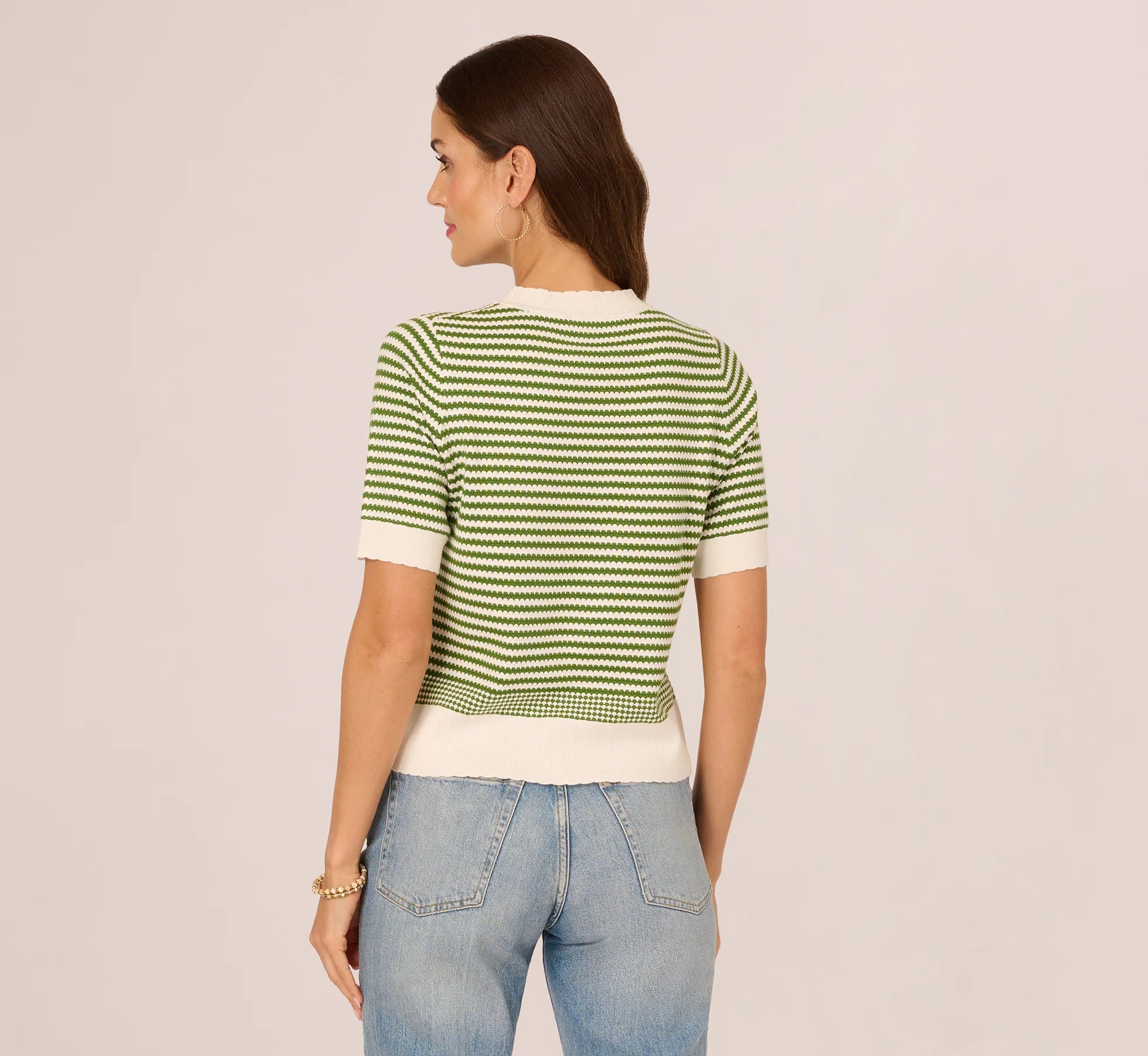 Short Sleeve Scalloped Stripe Pullover Sweater In Ivory Foliage