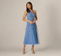 One Shoulder 3D Floral Beaded Ankle Dress In French Blue