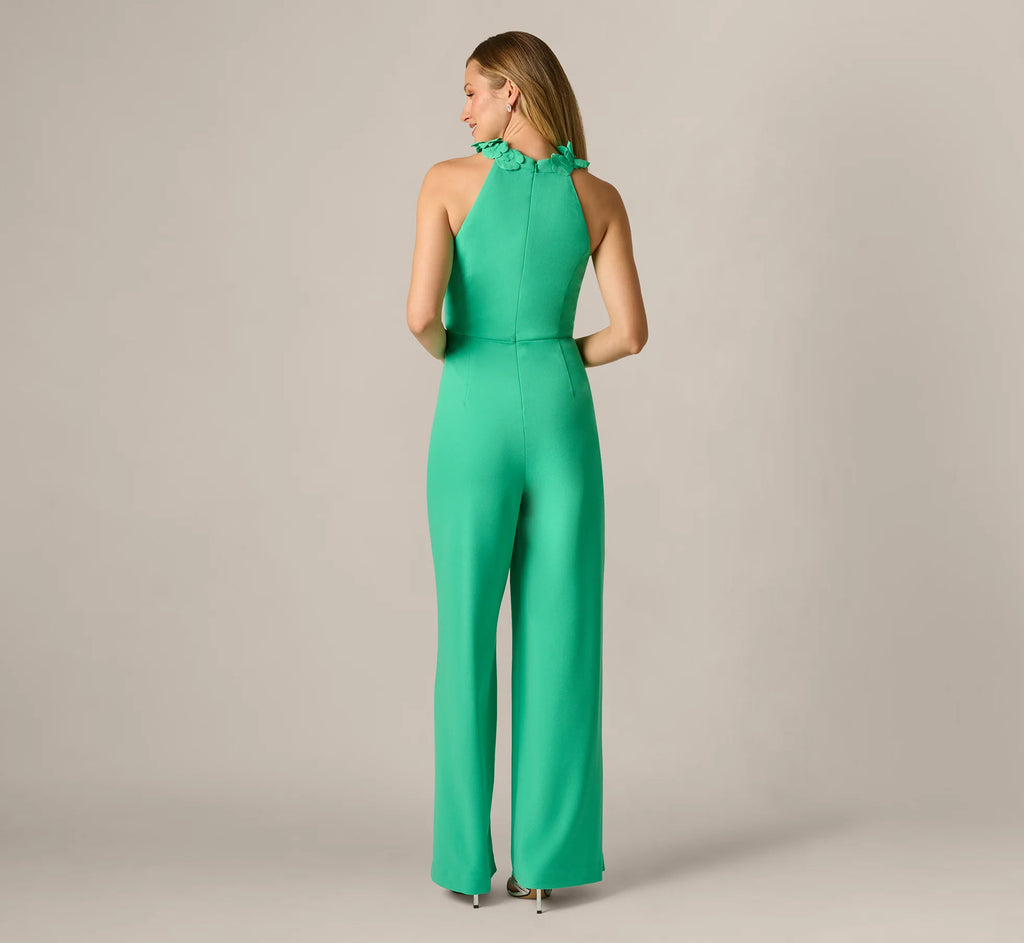 3D Floral Stretch Halter Jumpsuit In Flora Green