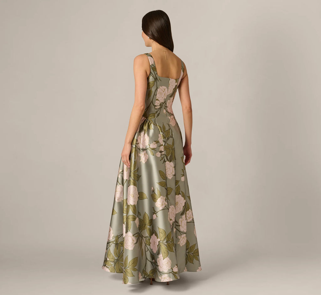 Drop Waist Square Neck Floral Ballgown In Sage Multi