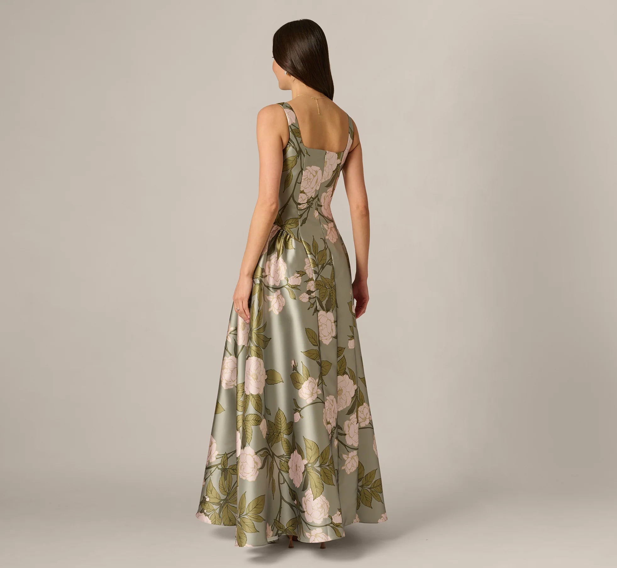 Drop Waist Square Neck Floral Ballgown In Sage Multi