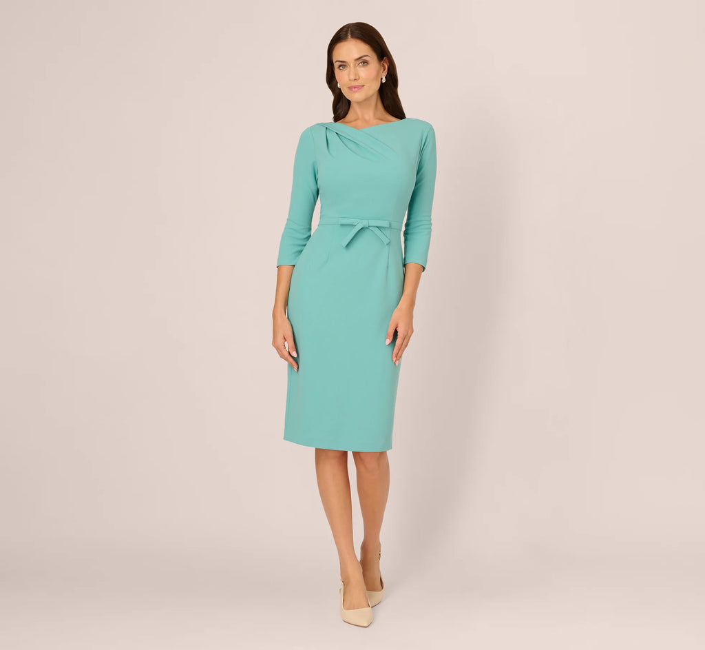 Three Quarter Sleeve Drape Collar Sheath Dress In Smoky Jade