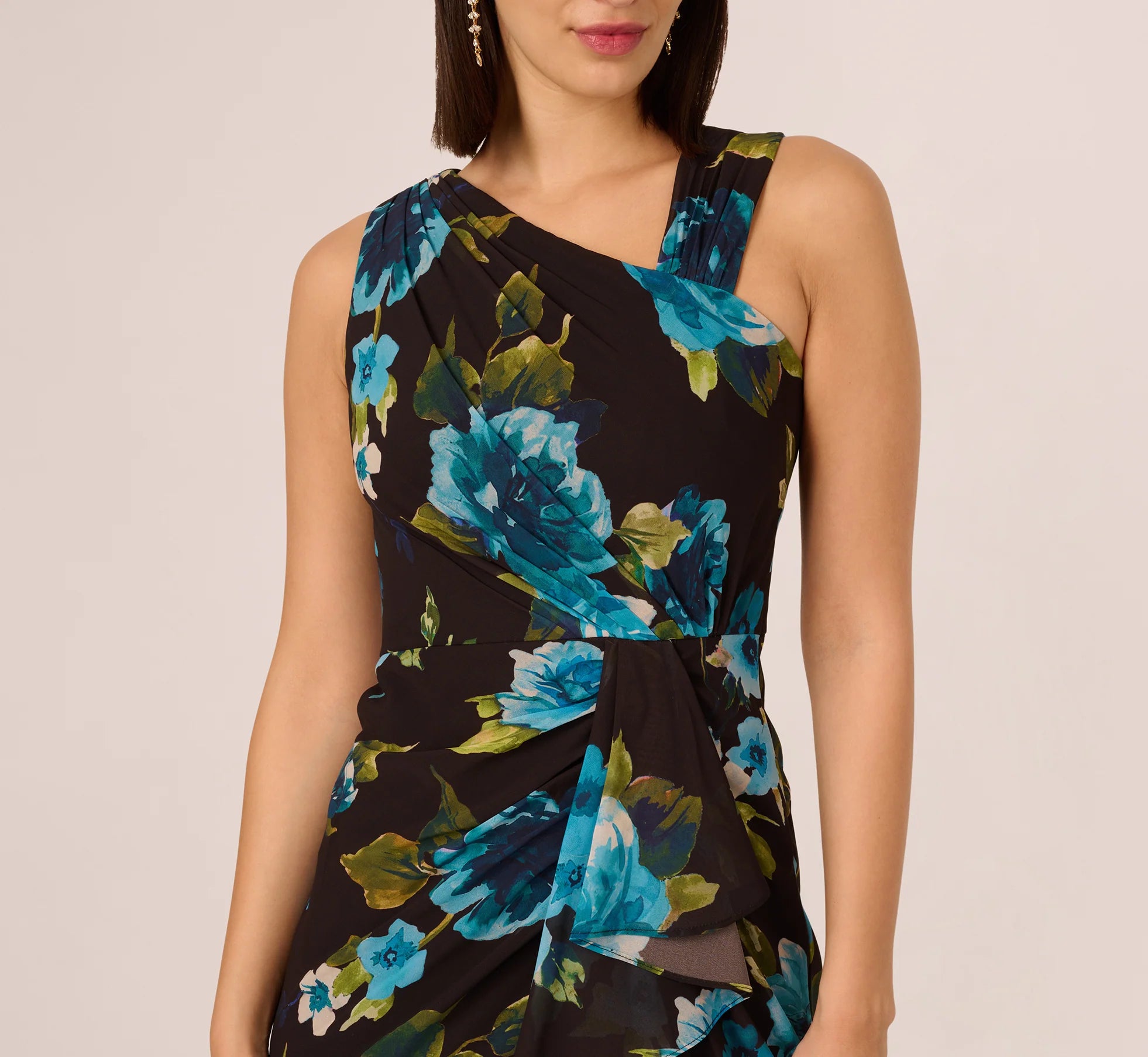 Asymmetrical Draped Floral Chiffon Gown In Black Multi