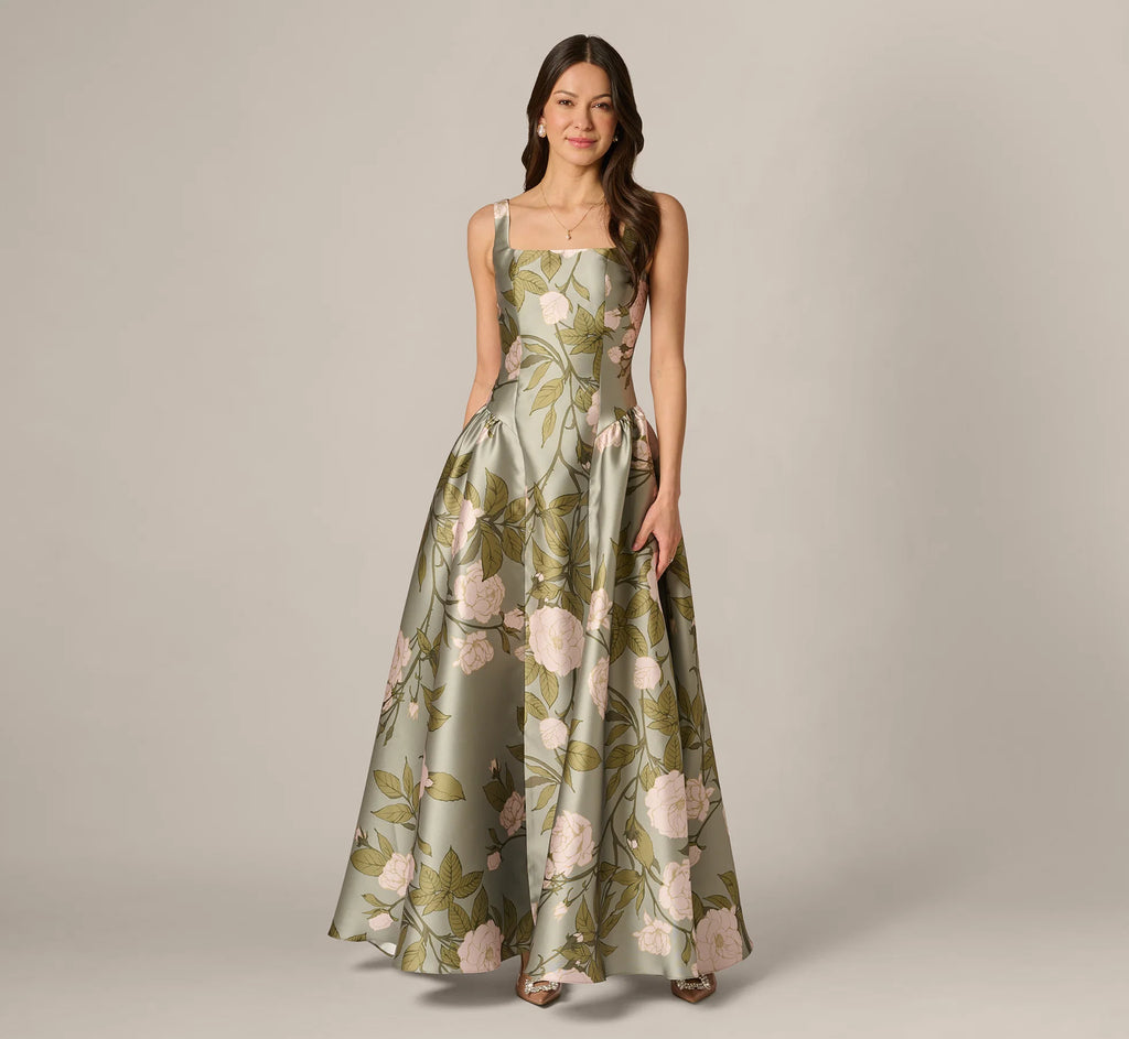Drop Waist Square Neck Floral Ballgown In Sage Multi