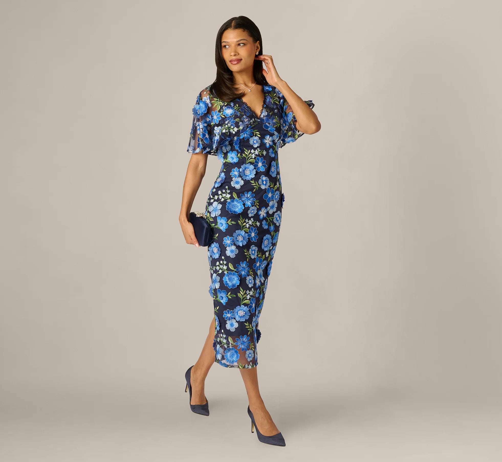 Cape Sleeve Floral Embroidered Midi Dress In Blue Multi
