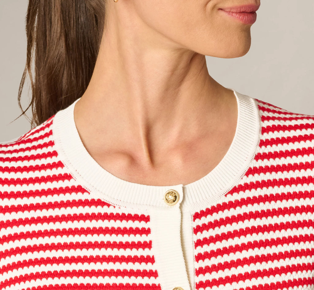 Short Sleeve Metallic Button Cardigan Sweater In Ivory Red