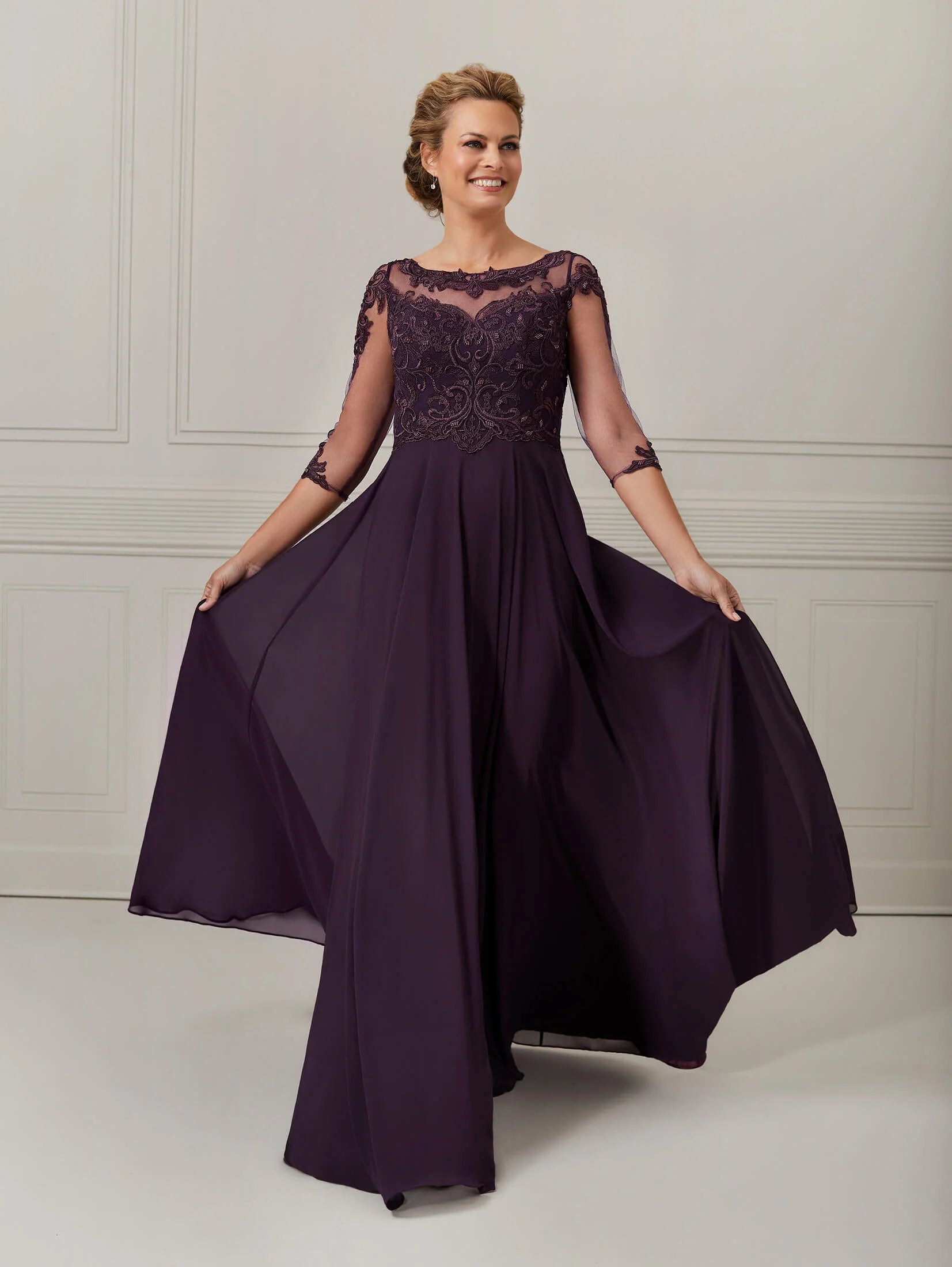 Chiffon and Lace Hand-Beaded A-Line Gown