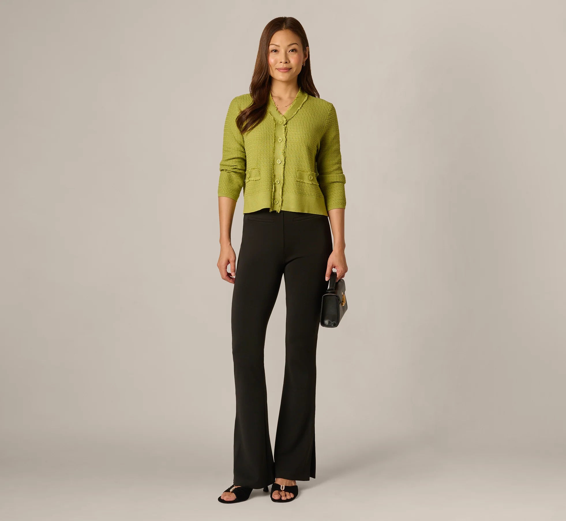 Waffle Knit Cardigan Sweater With Frayed Edges In Apple Green