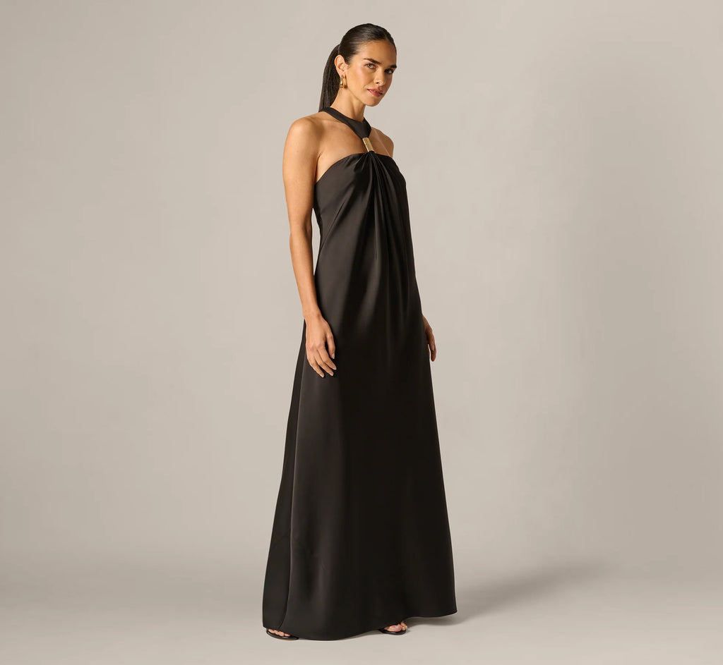 Stretch Satin Hardware Halter Collar Gown In Black