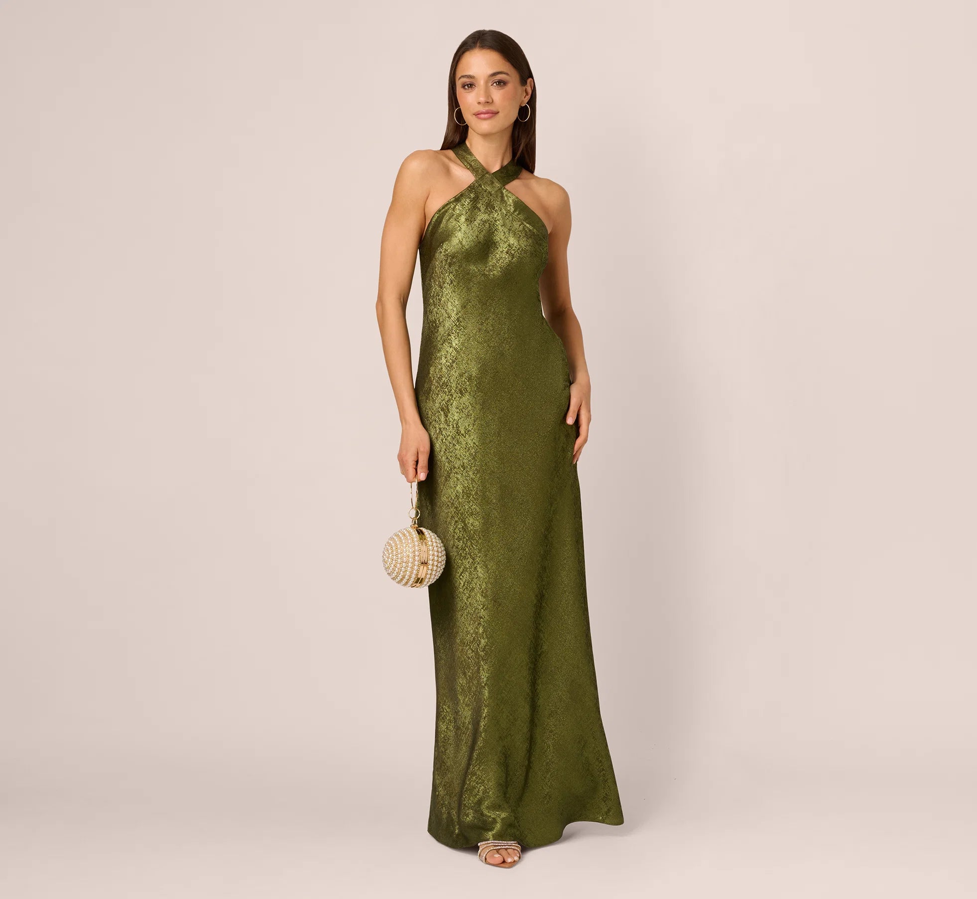 Foiled Mermaid Gown With Halter Neckline In Dark Olive