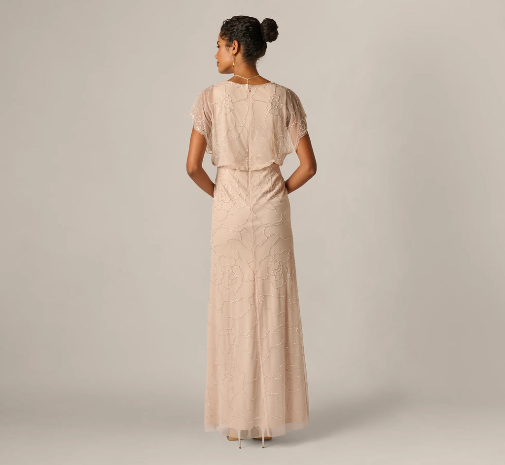 Short Sleeve Blouson Rose Floral Beaded Gown In Shell