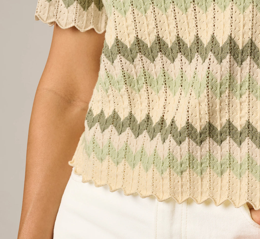 Short Sleeve Open Pointelle Scalloped Sweater In Dusty Sage Green Chevron