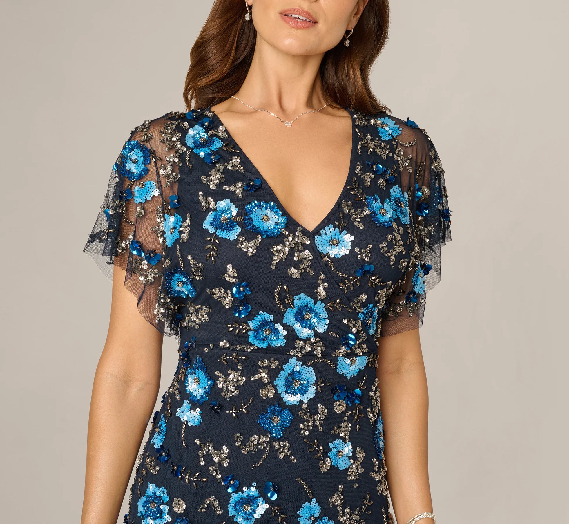 Flutter Sleeve Floral Beaded Column Gown In Midnight Multi