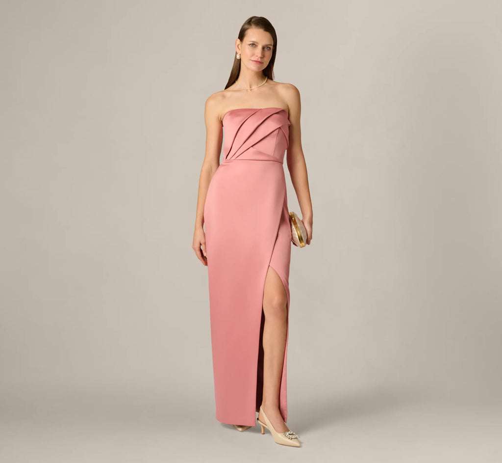 Strapless Duchess Satin Pleated Gown In Rose