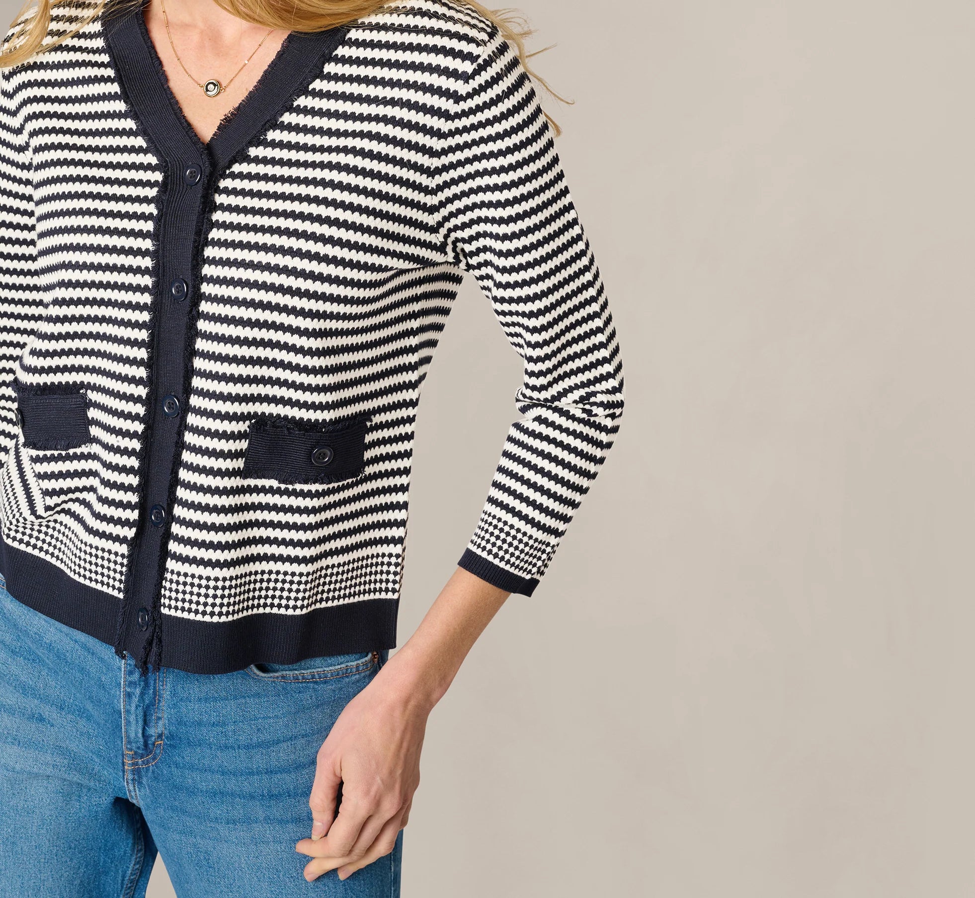 Fringe Trim Cardigan Sweater In Navy Ivory