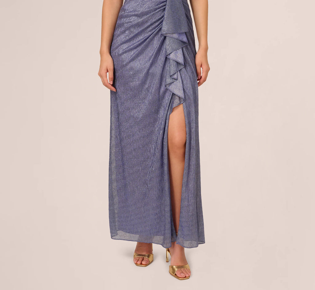 Draped Metallic Foil Long Dress In Peri Cruise