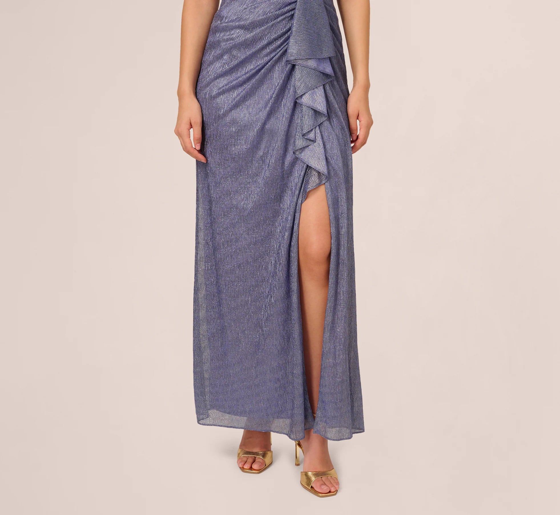 Draped Metallic Foil Long Dress In Peri Cruise