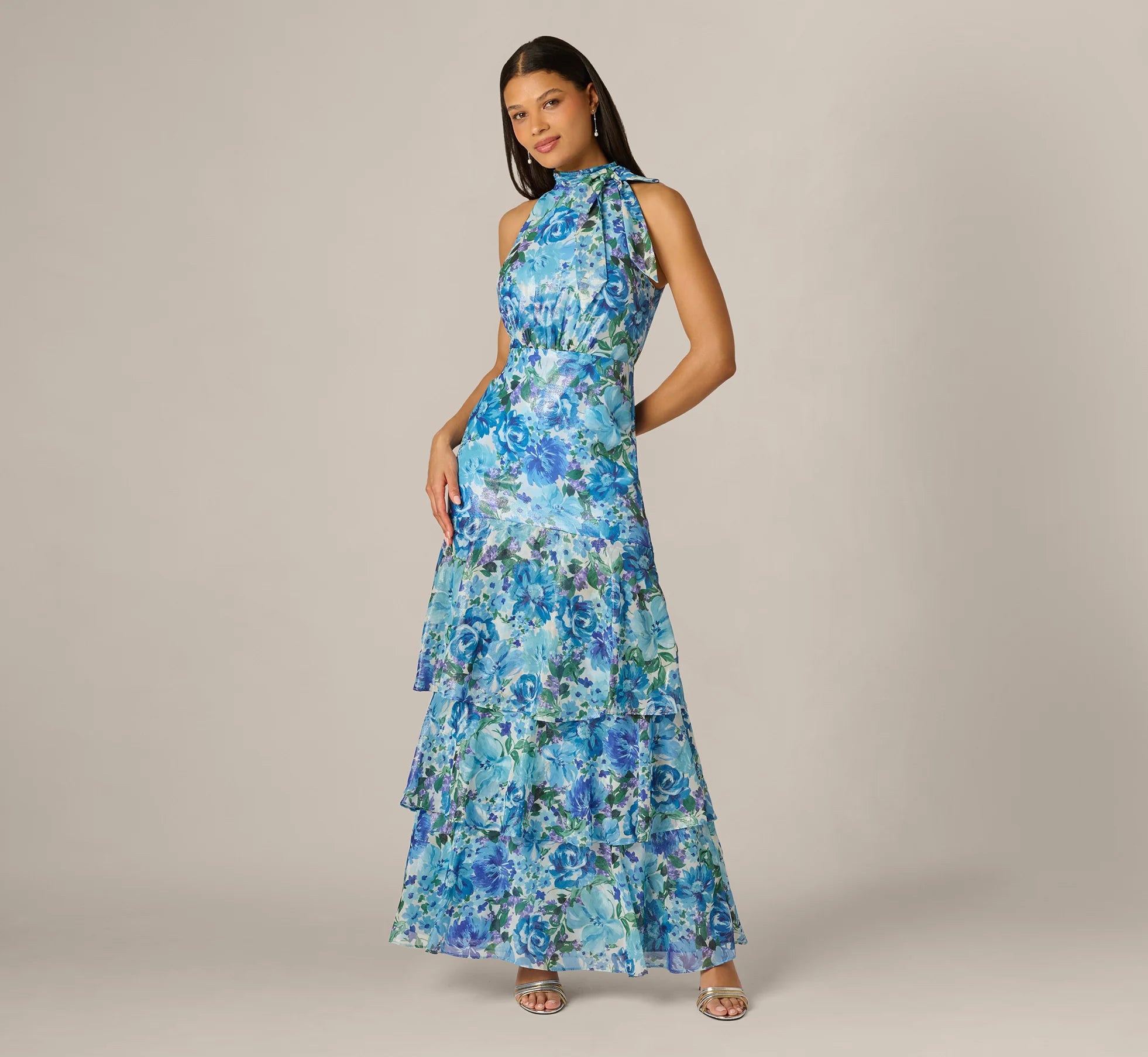 Tiered Metallic Floral Chiffon Halter Gown In Blue Multi