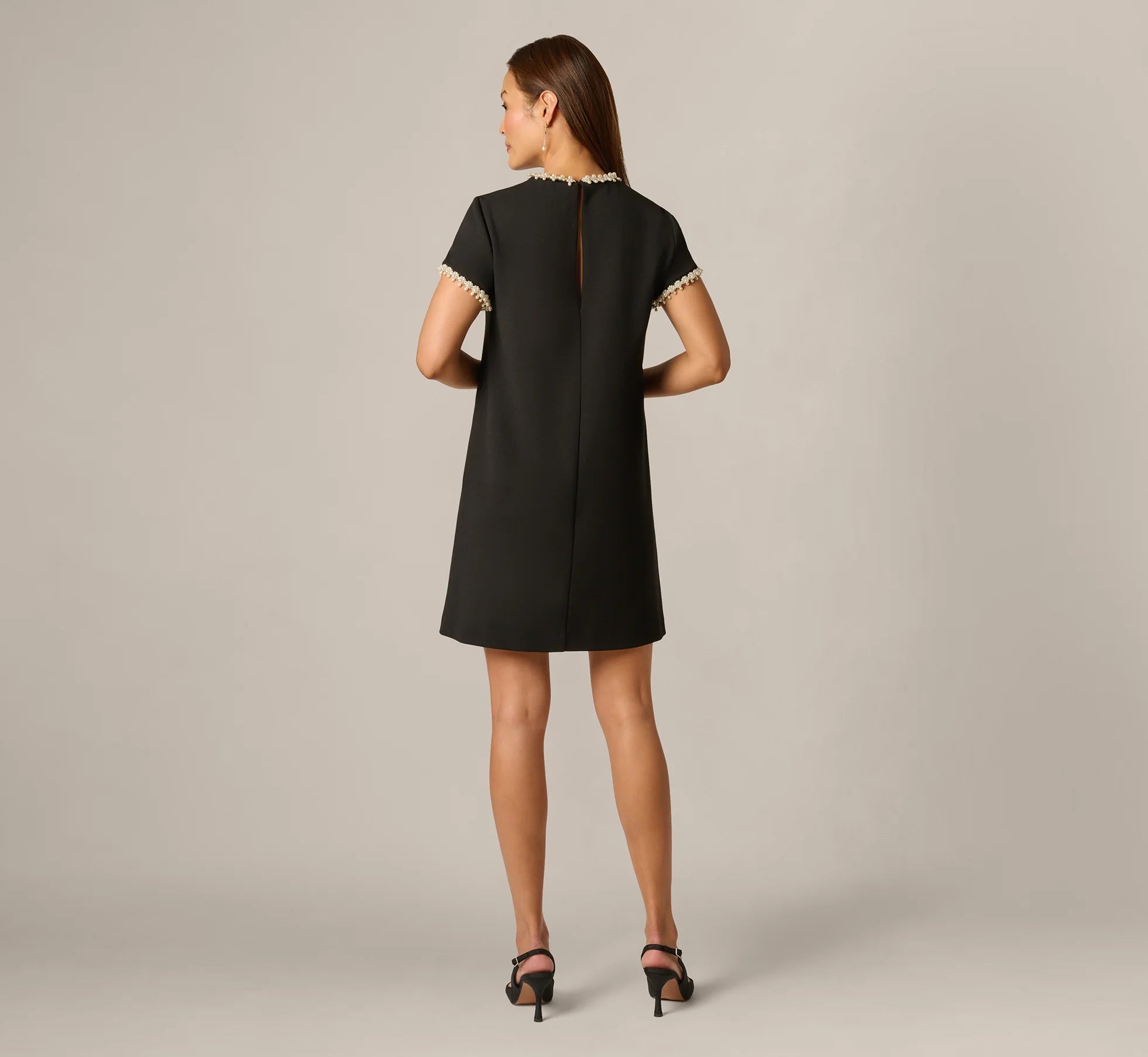 Stretch Crepe Pearly Short Shift Dress In Black Ivory