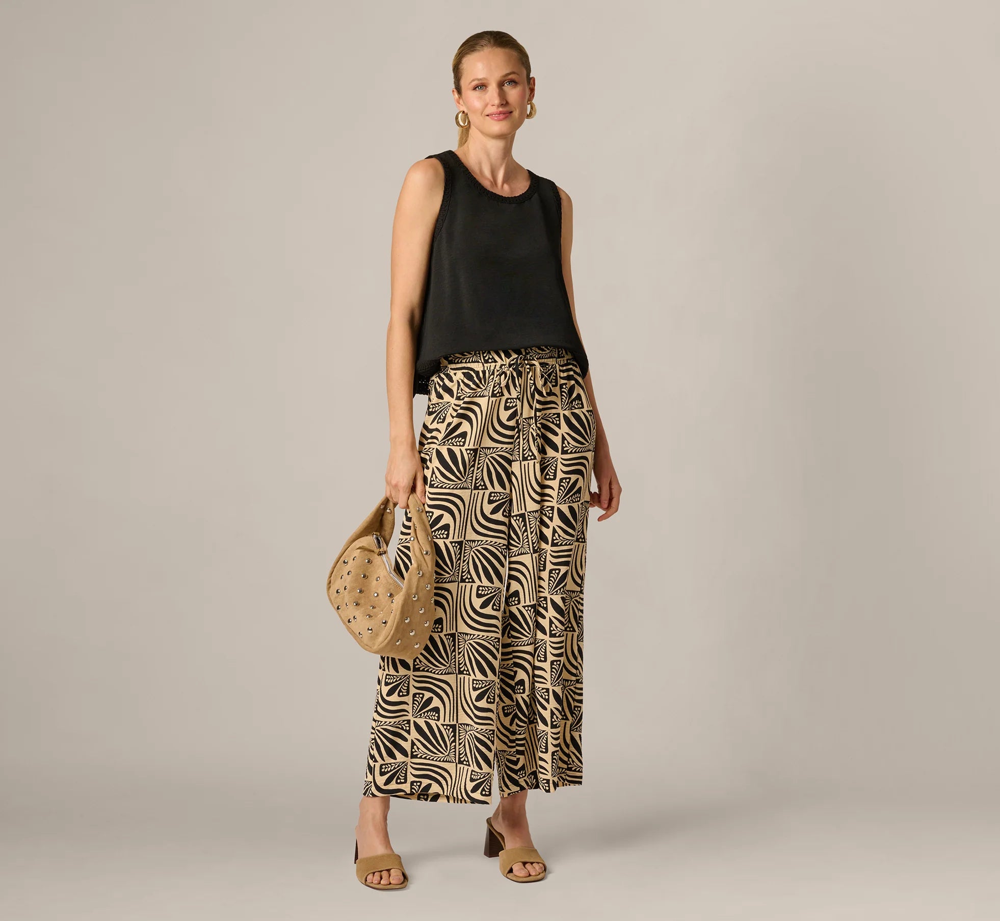 Wide Leg Drawstring Pant In Birch Black Retro Tile