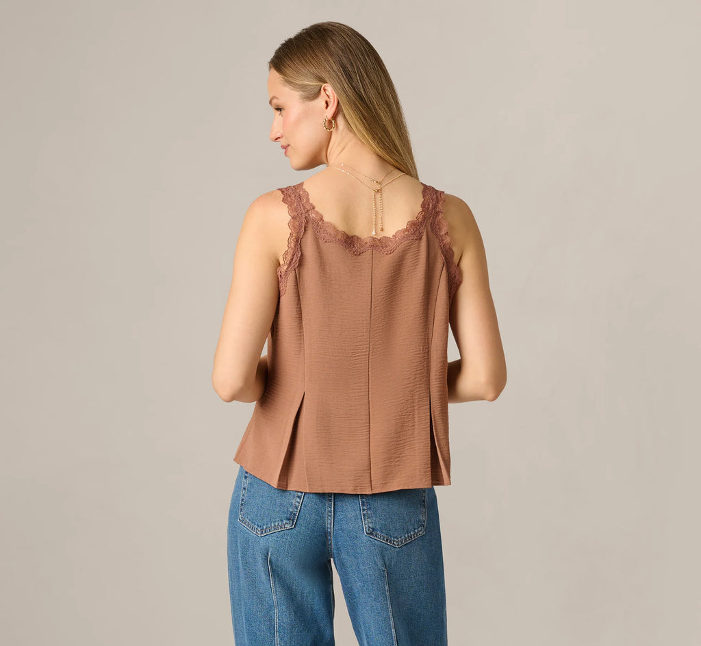 Pleated Lace Trim Tank Top In Acorn