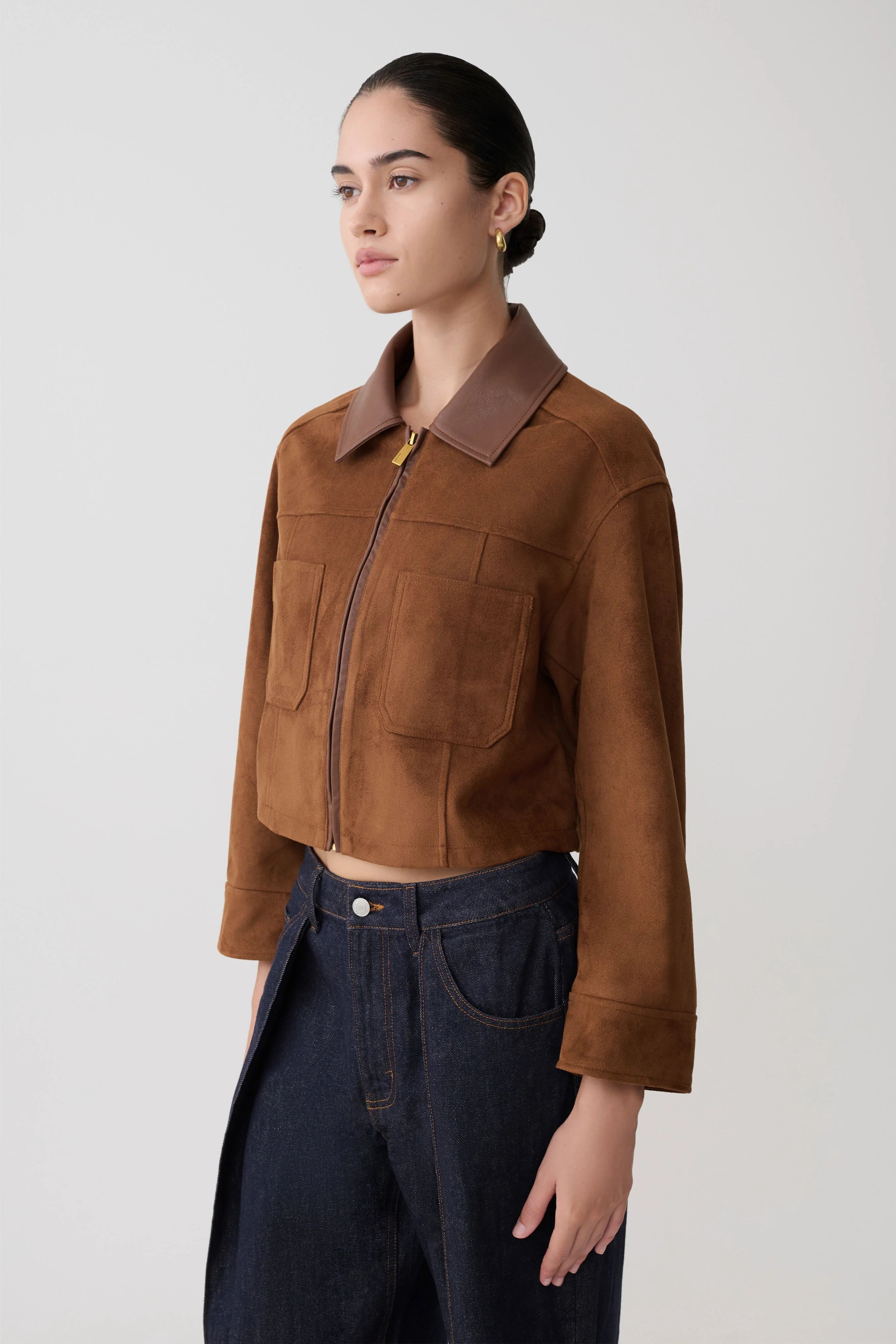 Remy Faux Suede & Leather Collared Jacket - Tan