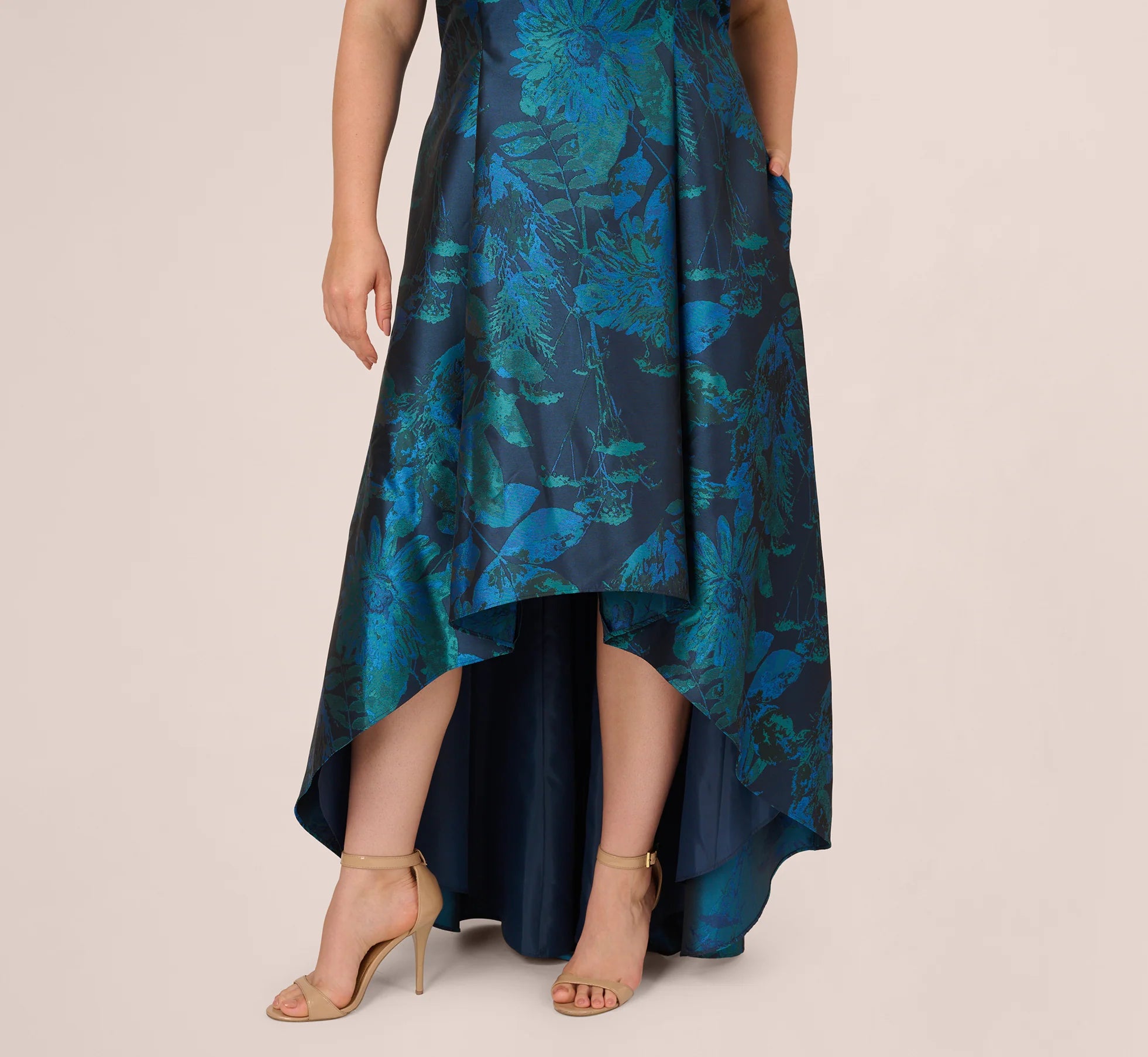Plus Size Ruffle Floral Jacquard High Low Gown In Cobalt Multi