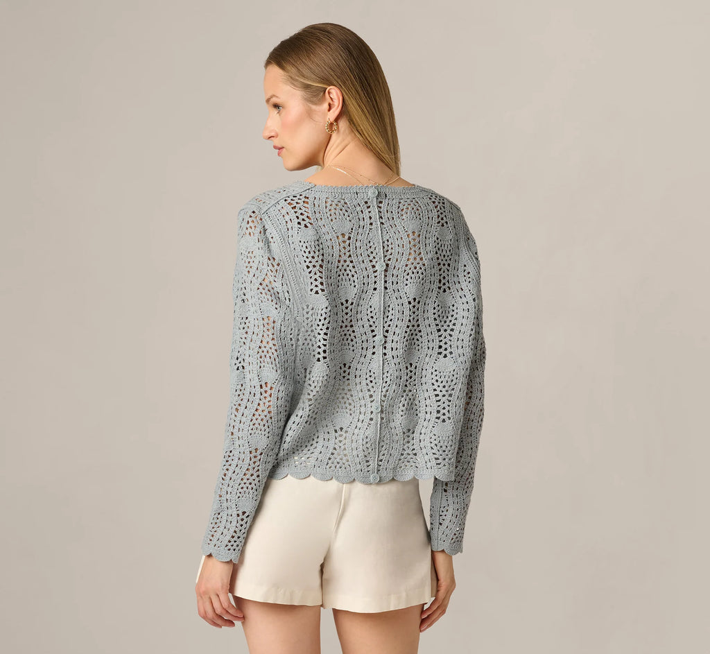 Long Sleeve Open Crochet Sweater In Soft Cloud