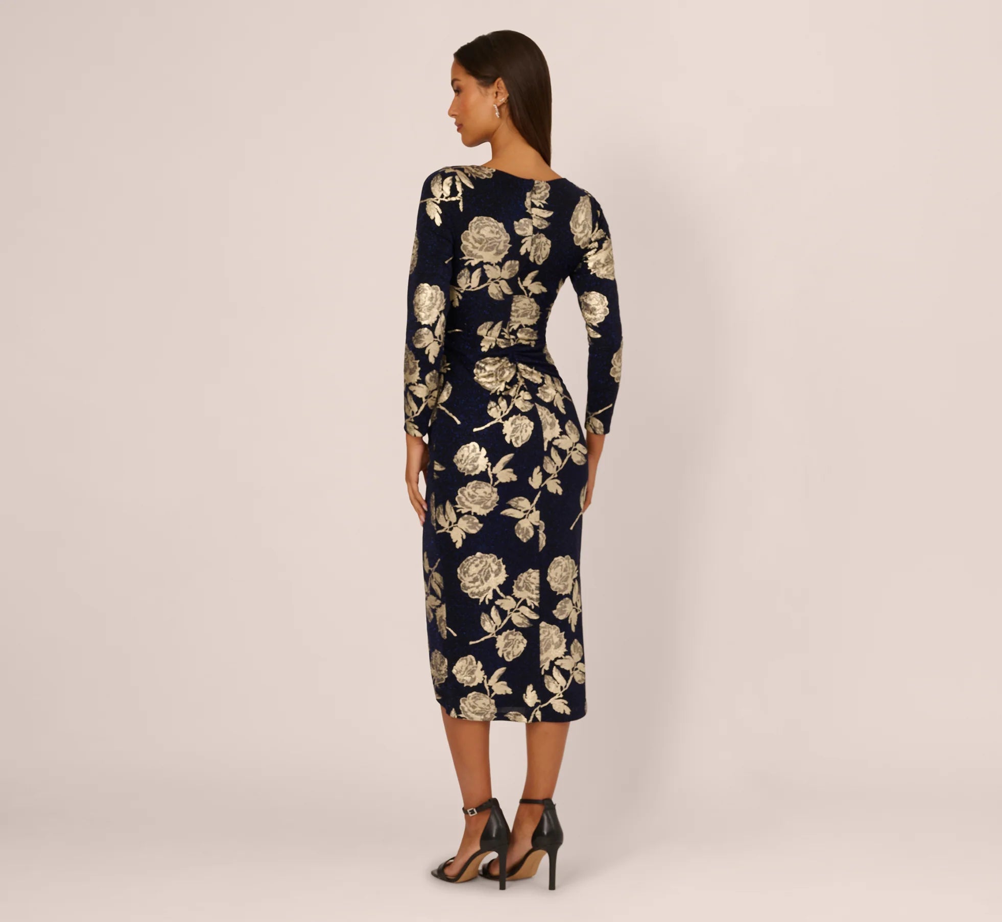 Long Sleeve Stretch Metallic Rose Floral Midi Dress In Navy Gold