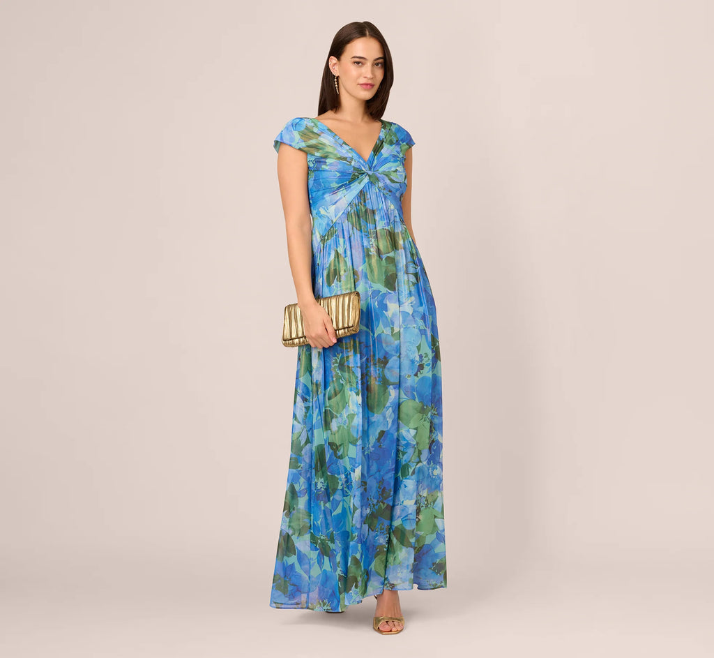 Printed Front Twist Gown In Green Blue Multi