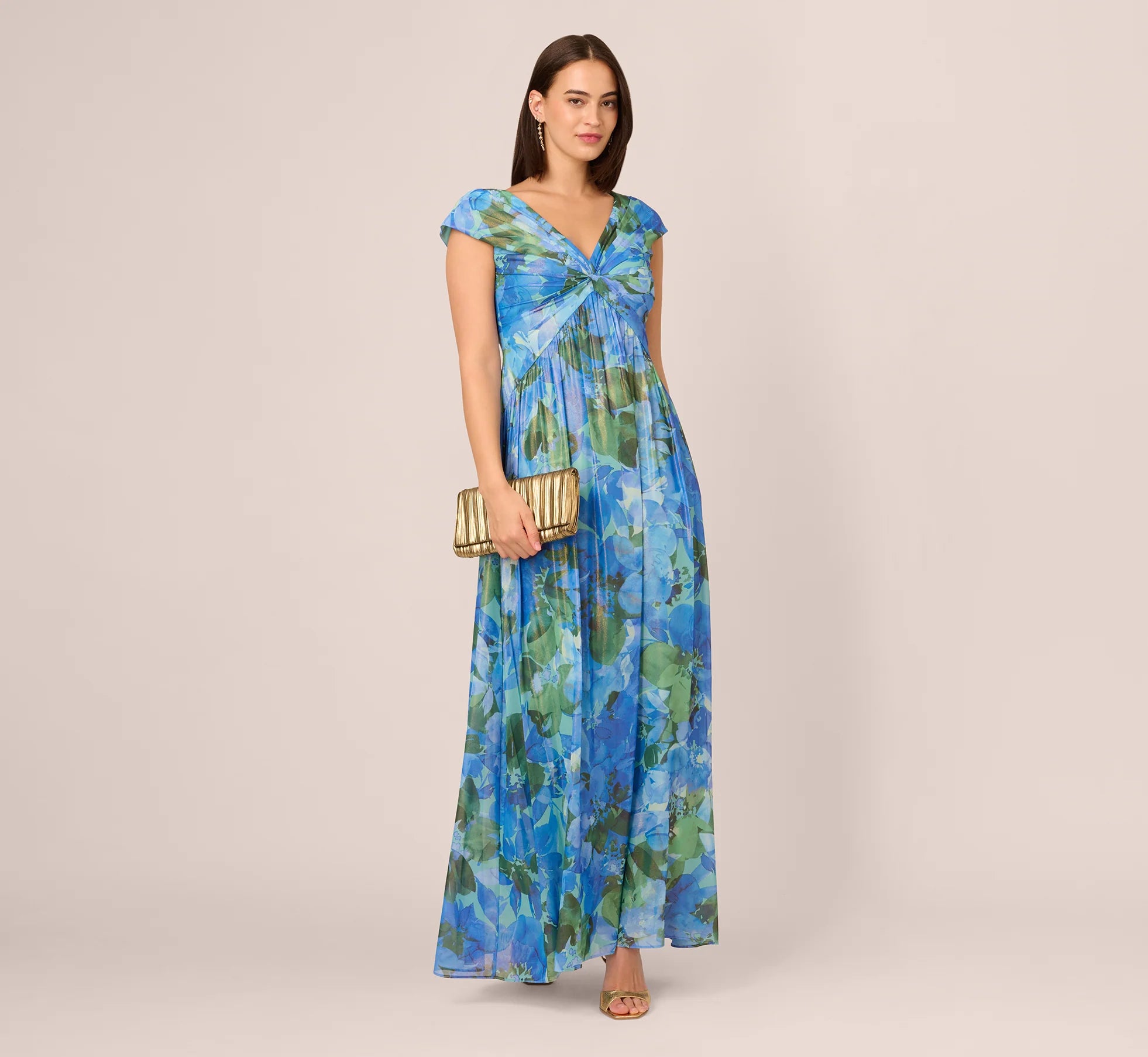 Printed Front Twist Gown In Green Blue Multi