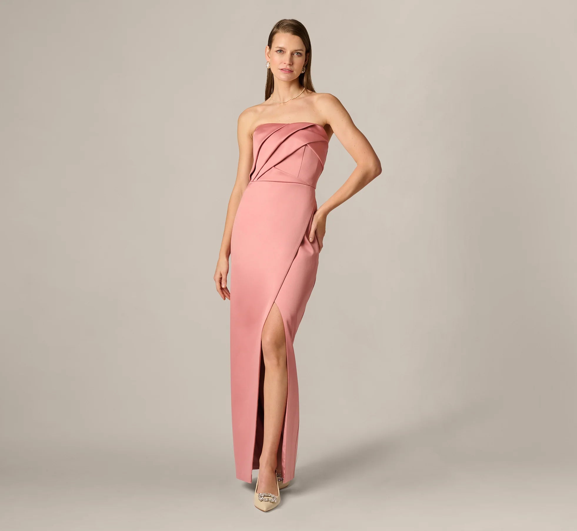 Strapless Duchess Satin Pleated Gown In Rose
