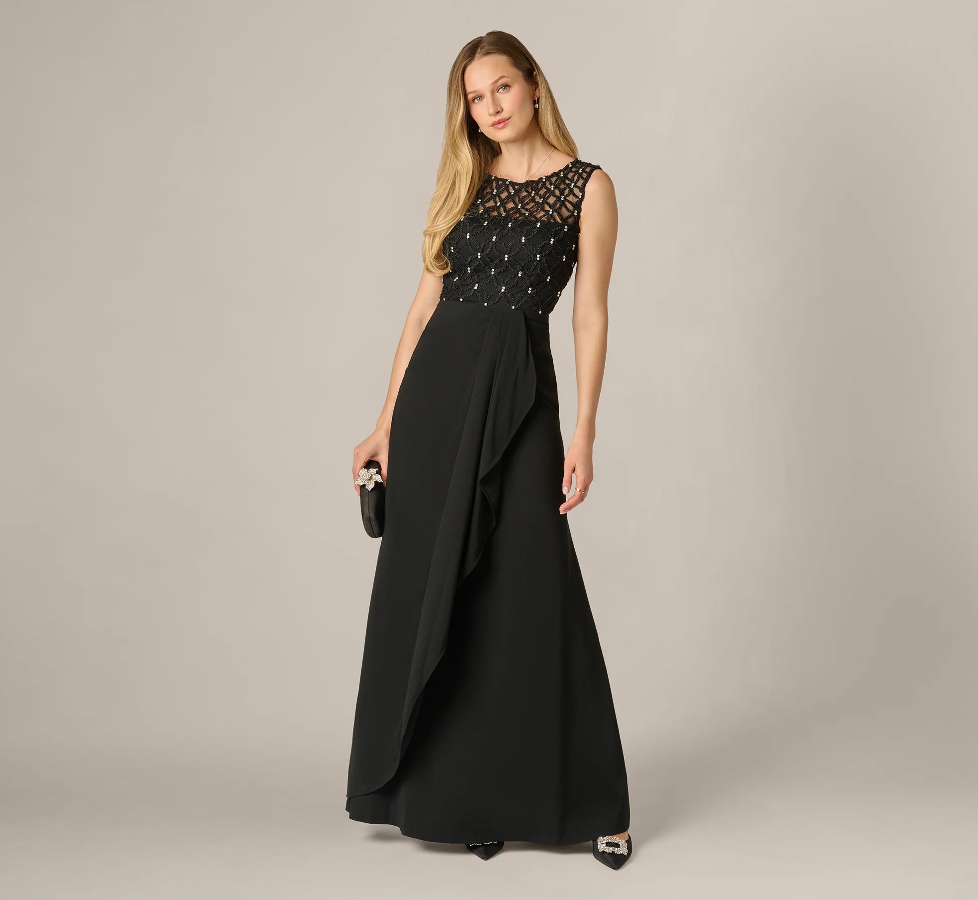 Draped Crepe Beaded Combo Gown In Black