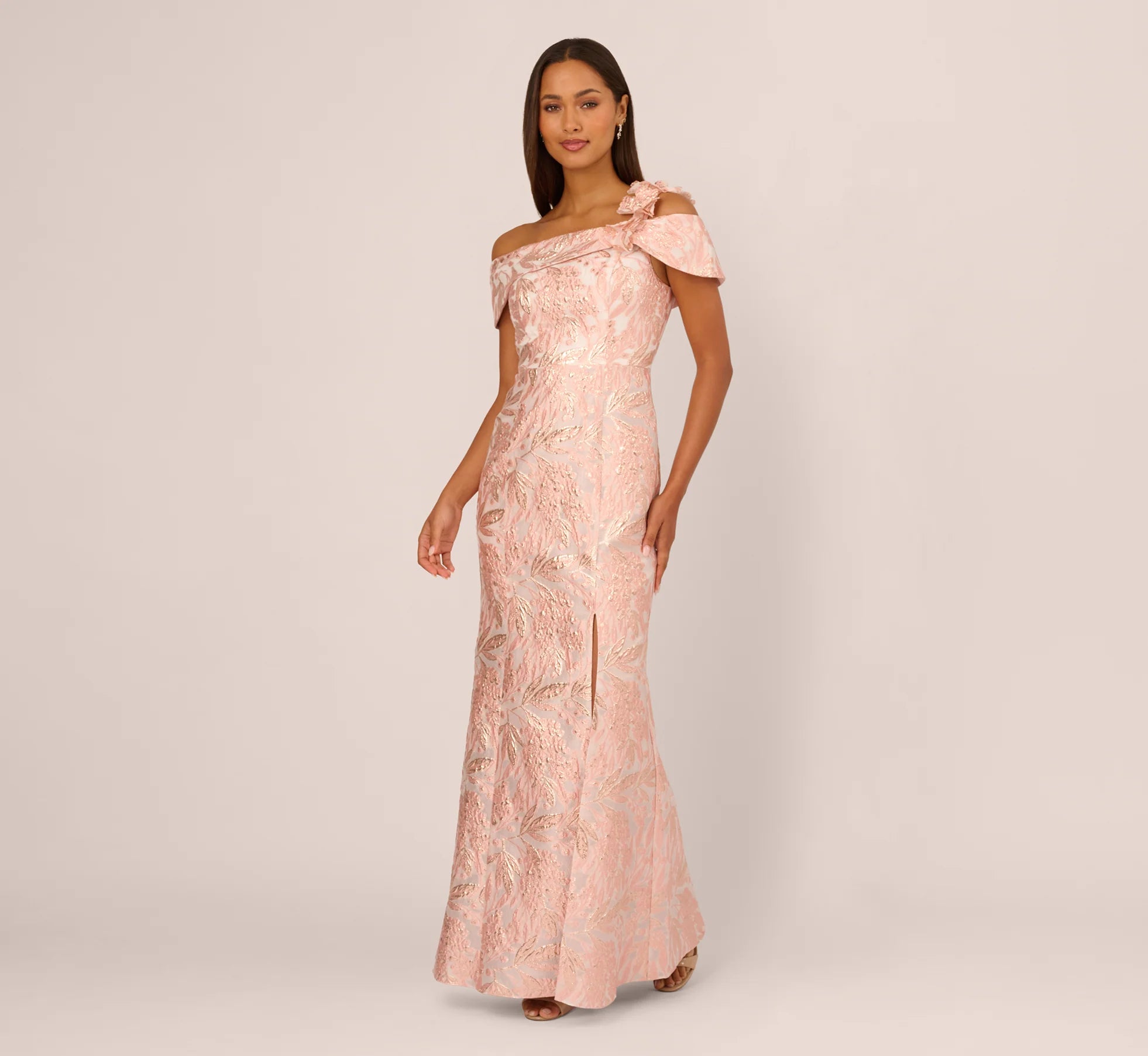 Off Shoulder 3D Floral Jacquard Gown In Blush