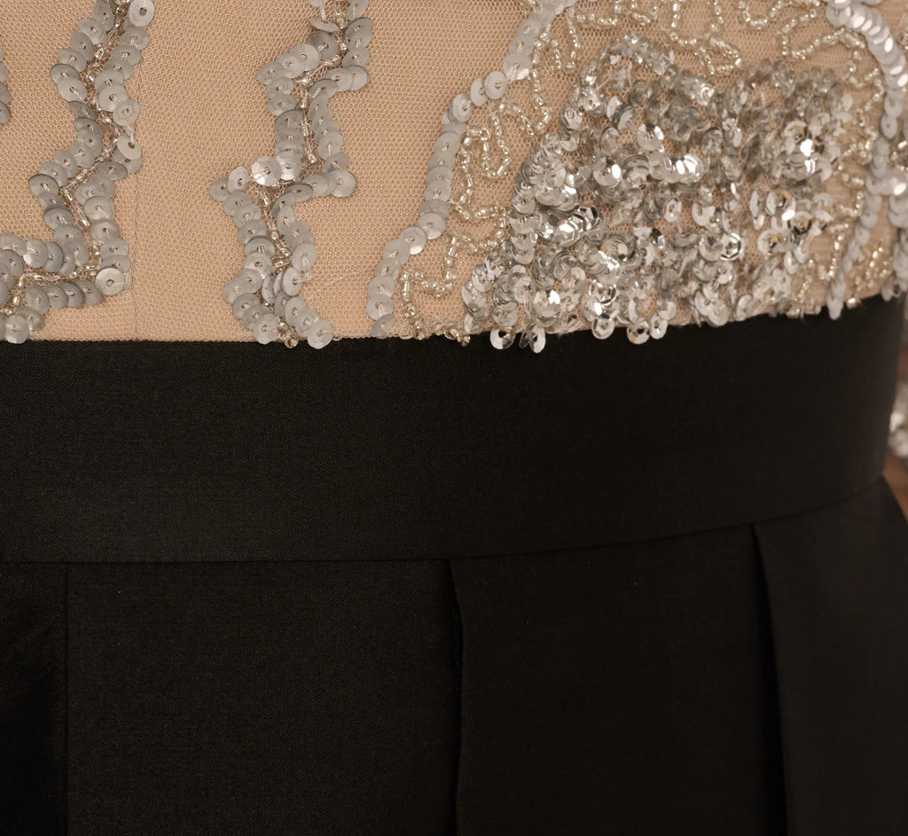 Three Quarter Sleeve Beaded Taffeta Combo Gown In Black Silver
