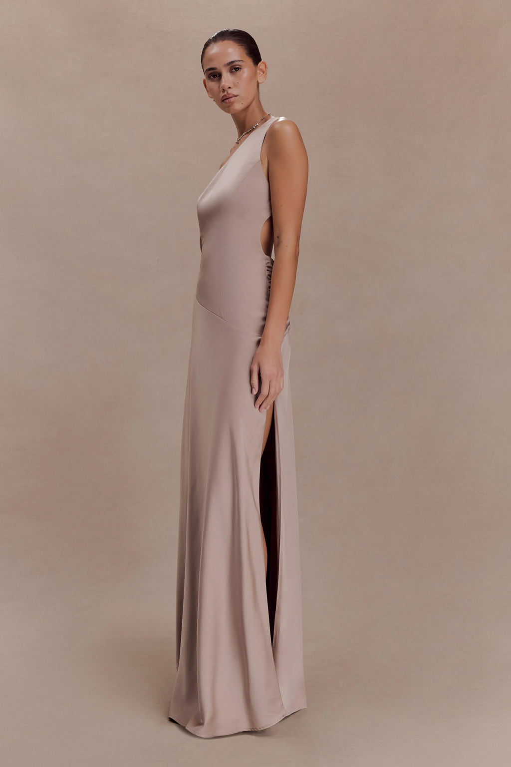 Lyla Asymmetrical Satin Maxi Dress - Bronze Taupe