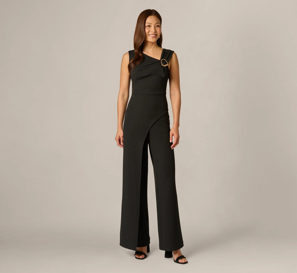 Buckle Shoulder Overlay Stretch Jumpsuit In Black