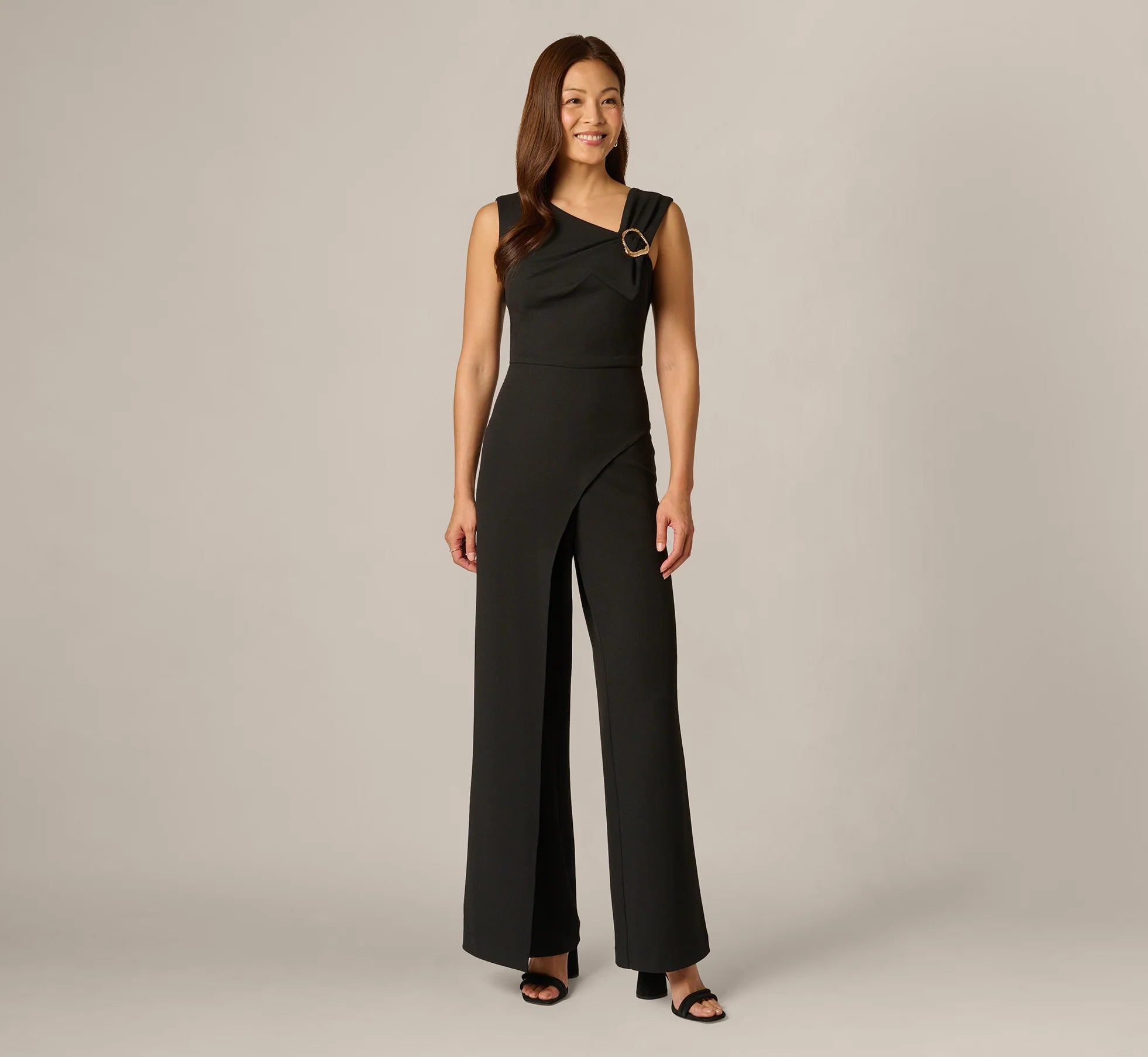 Buckle Shoulder Overlay Stretch Jumpsuit In Black