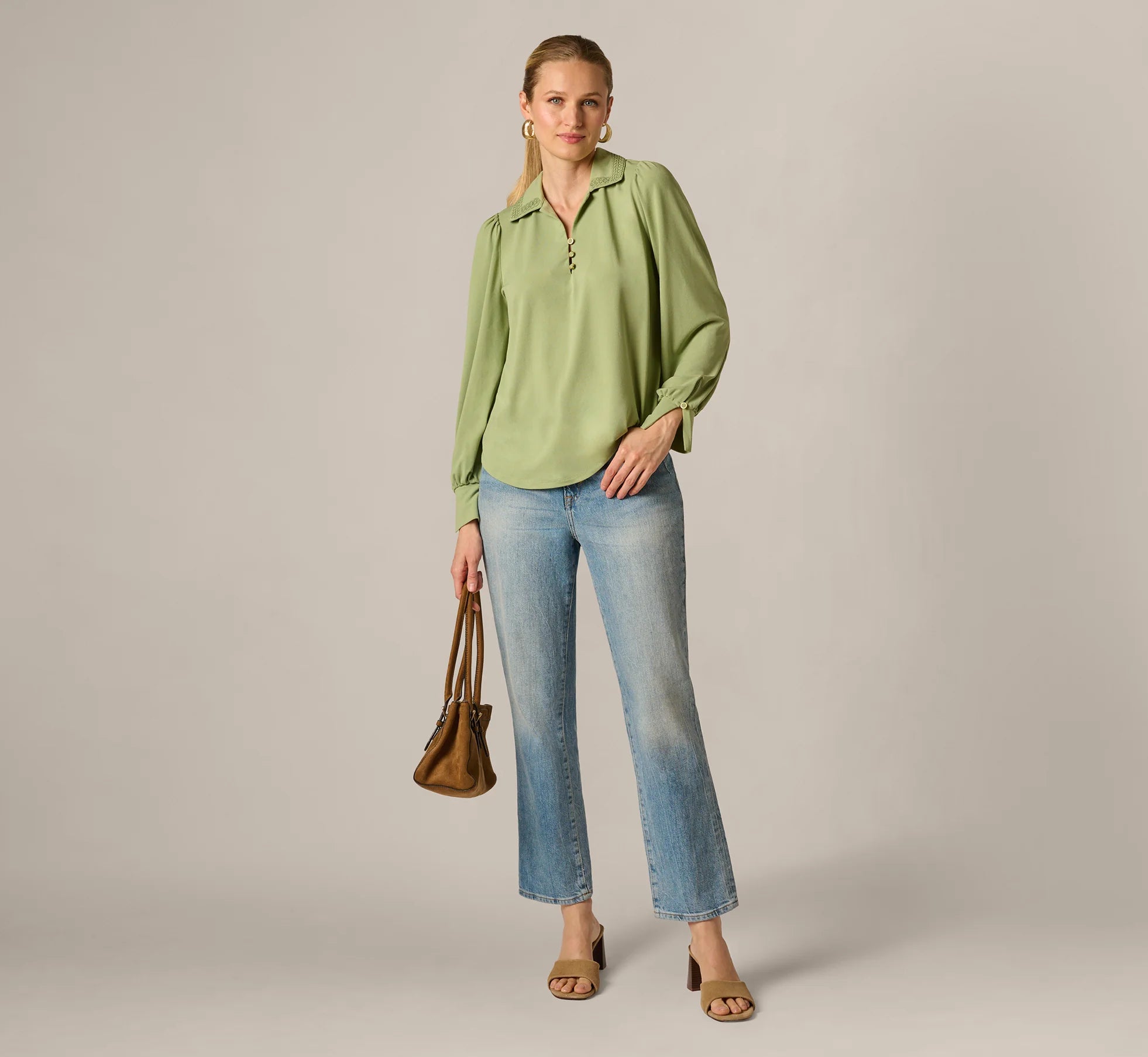 Bishop Sleeve Embroidered Blouse In Eucalyptus