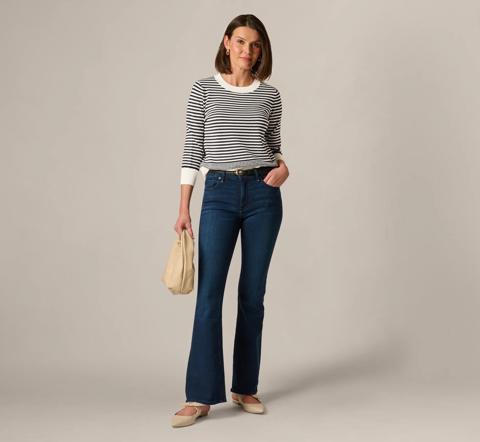 Three Quarter Sleeve Stripe Knit Sweater Top In Ivory Navy