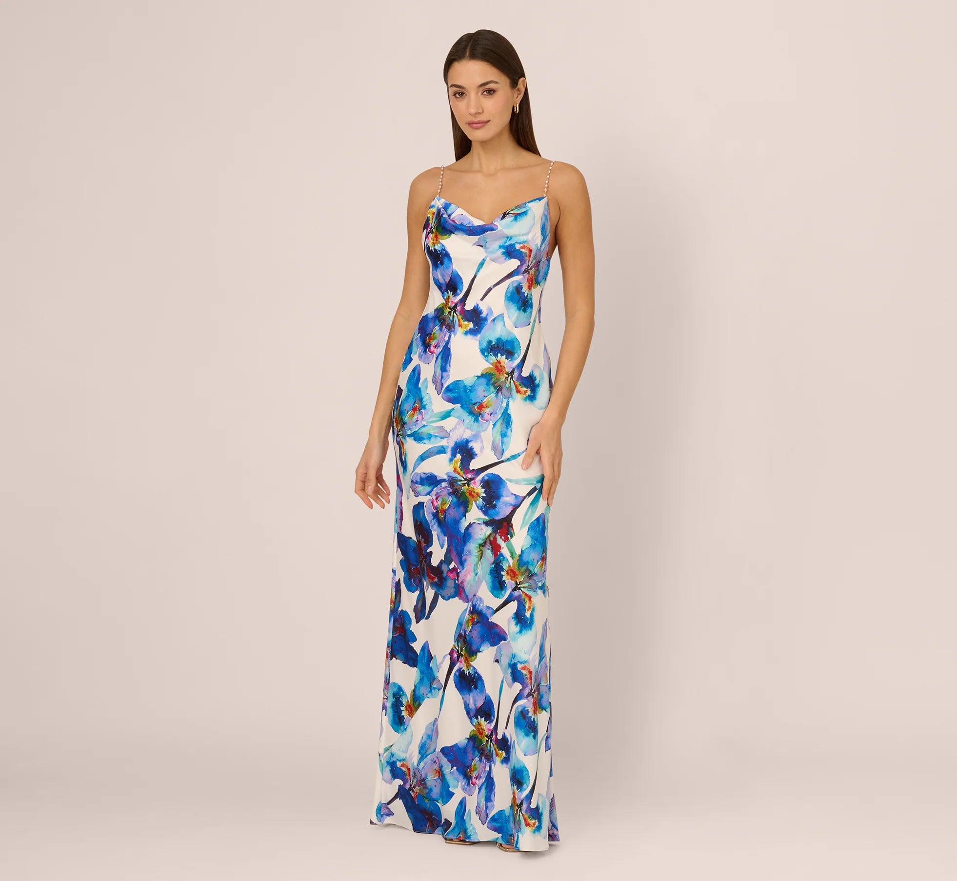 Embellished Strap Floral Satin Slip Dress In Blue Ivory Multi