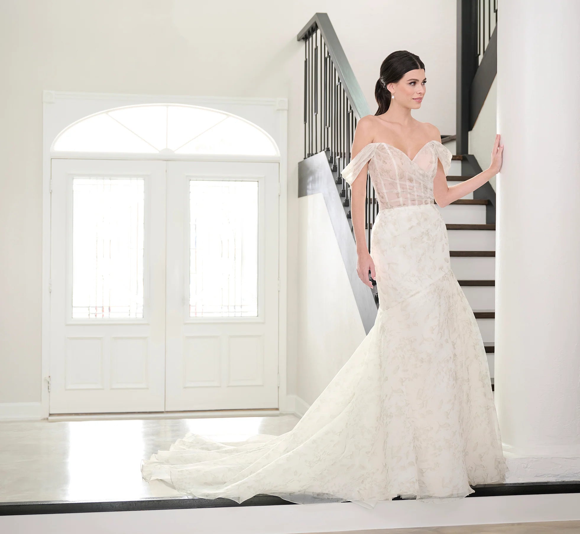 Watercolor Printed Organza Gown In Green Multi