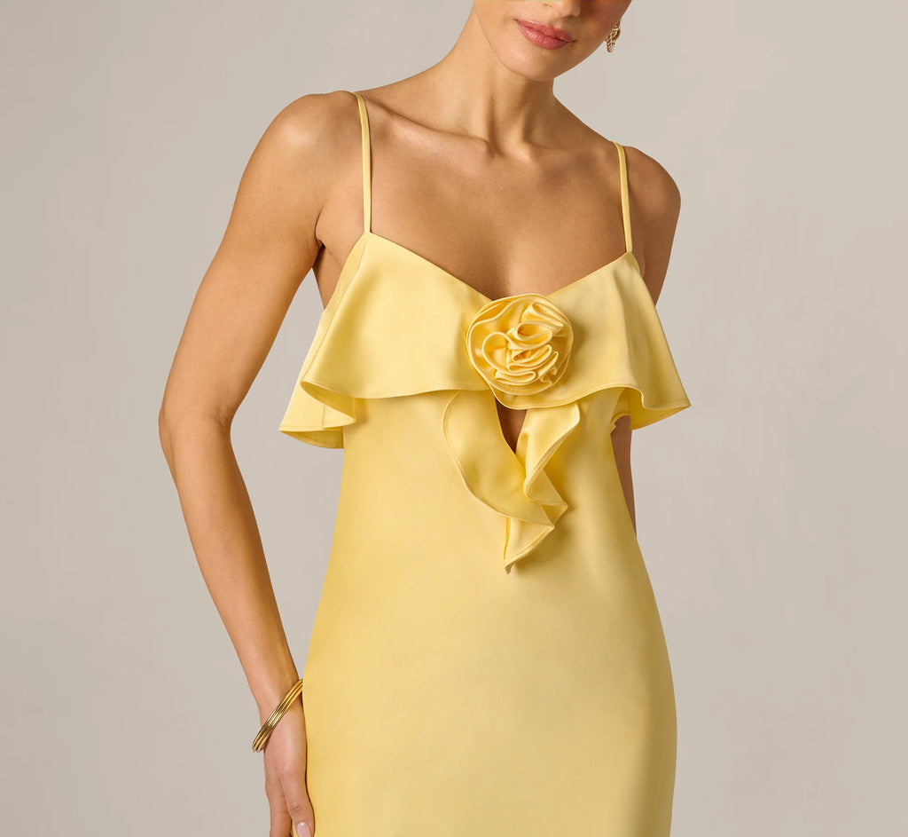 Stretch Satin Flounce Rosette Slip Gown In Butter Yellow
