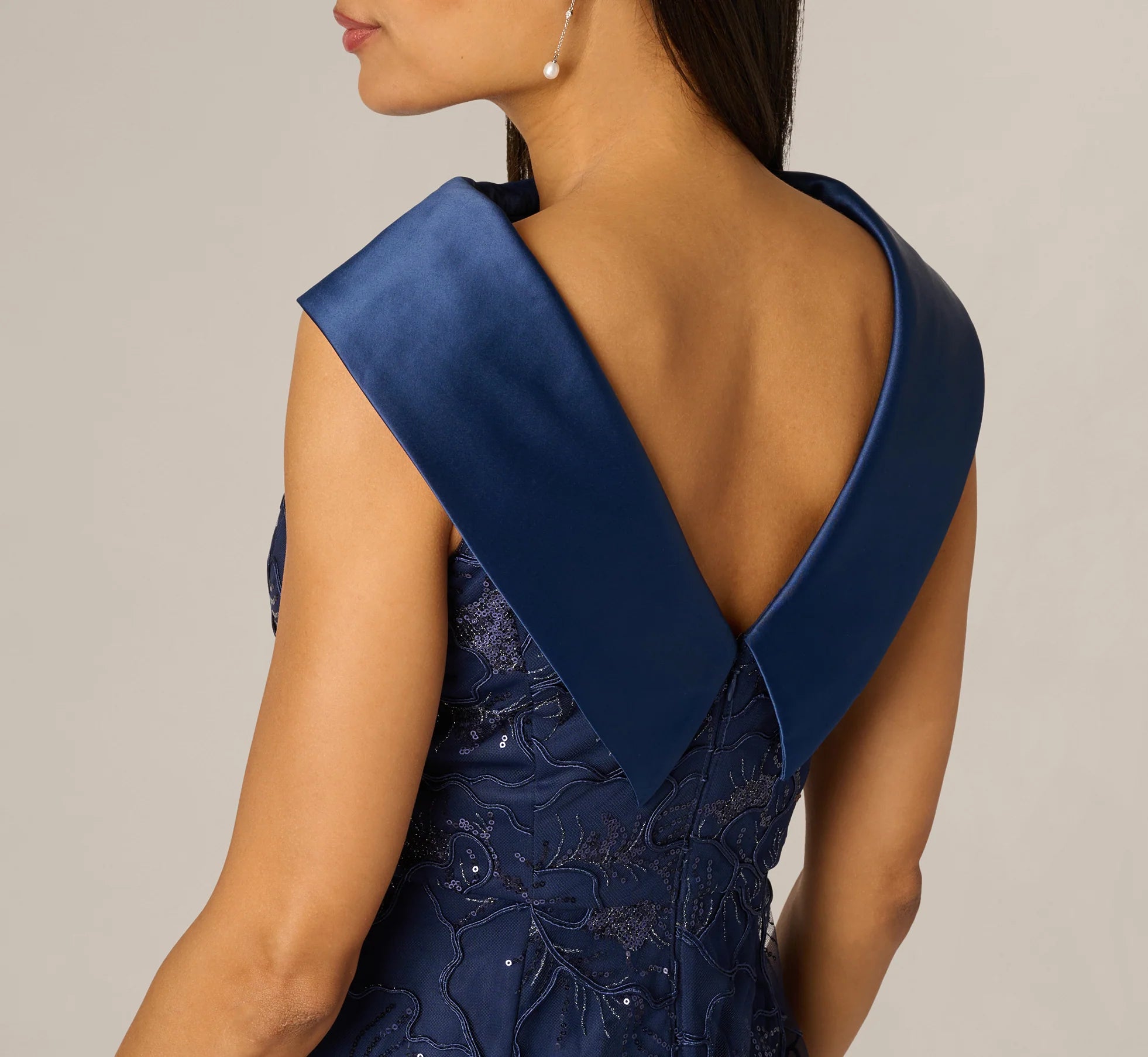 Floral Embroidered Satin Roll Collar Gown In Midnight