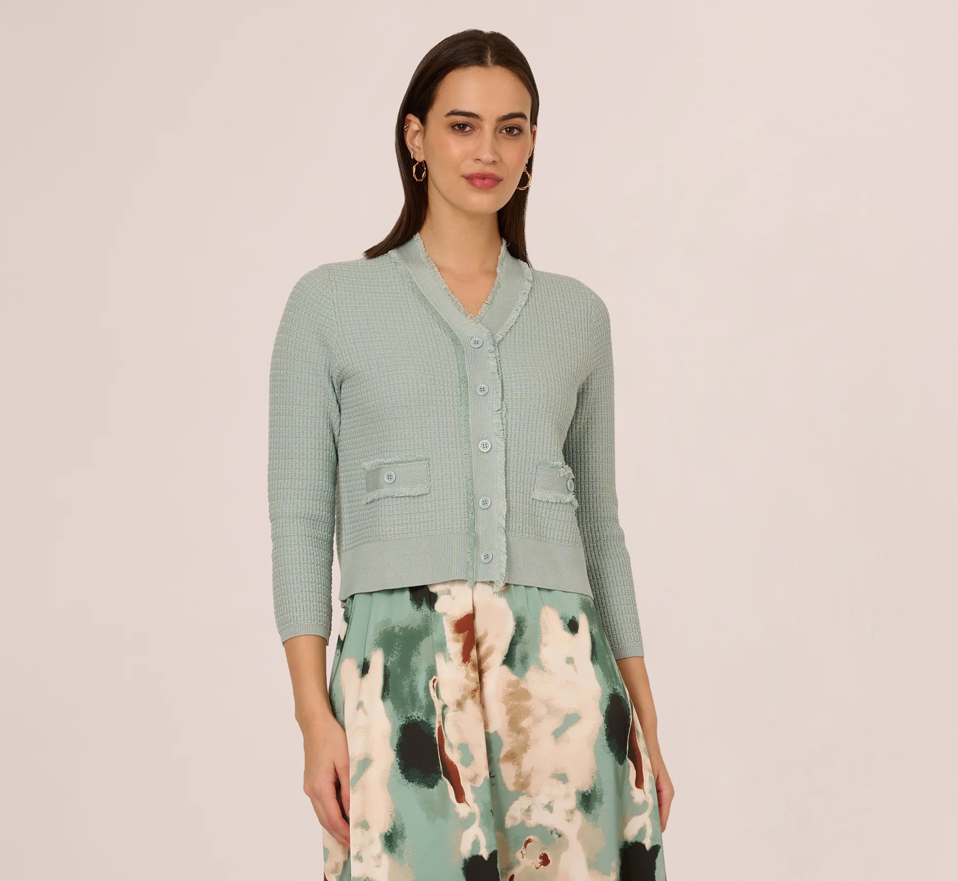Waffle Knit Cardigan Sweater With Frayed Edges In Dusty Seamist